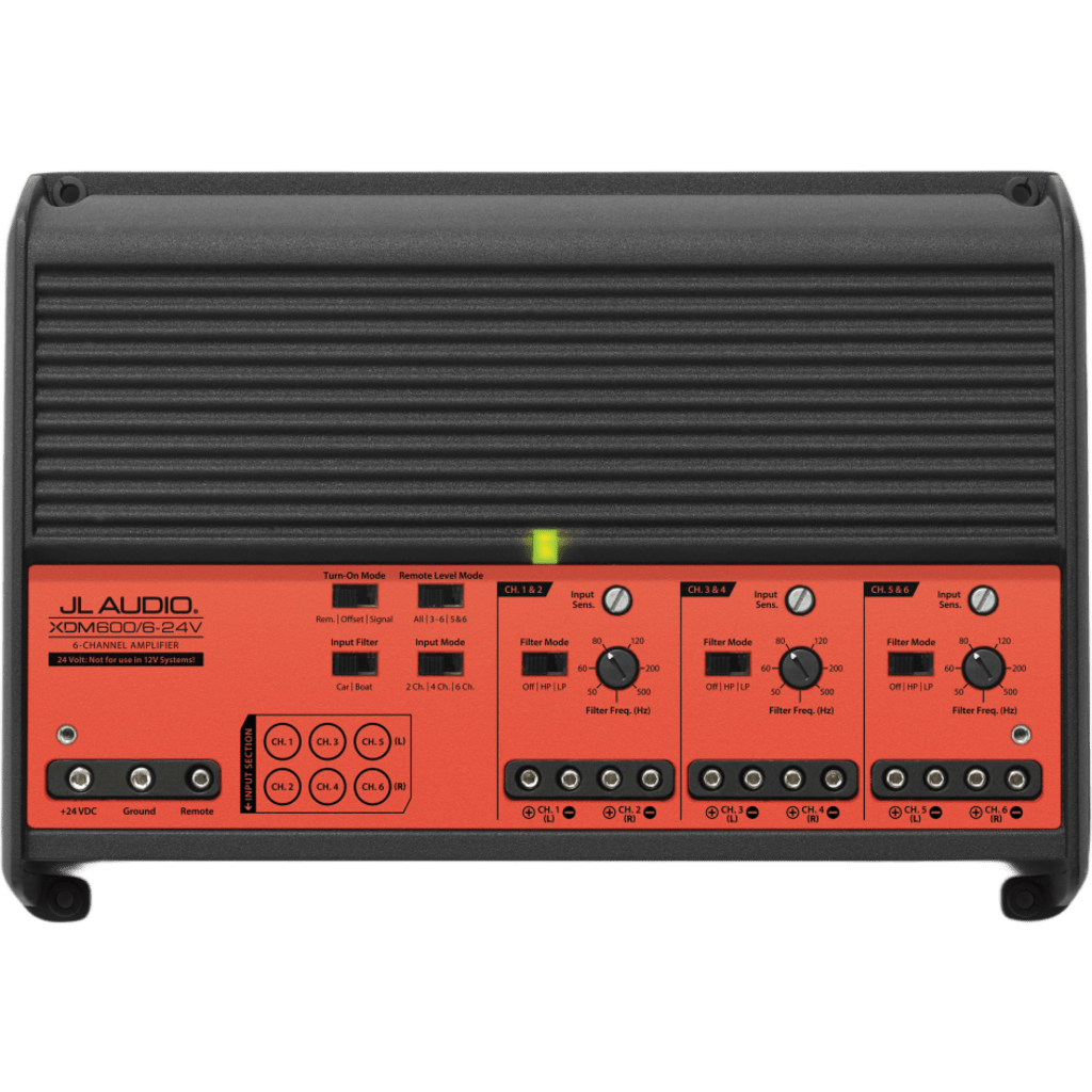 Amplificador Náutico y para Automóvil / 6 Canales / Clase D / 600 W / 24 V / Rango Completo / Procesamiento de Señales / Filtros 50 Hz-500 Hz / Control de Nivel Remoto Opcional / JL Audio XDM