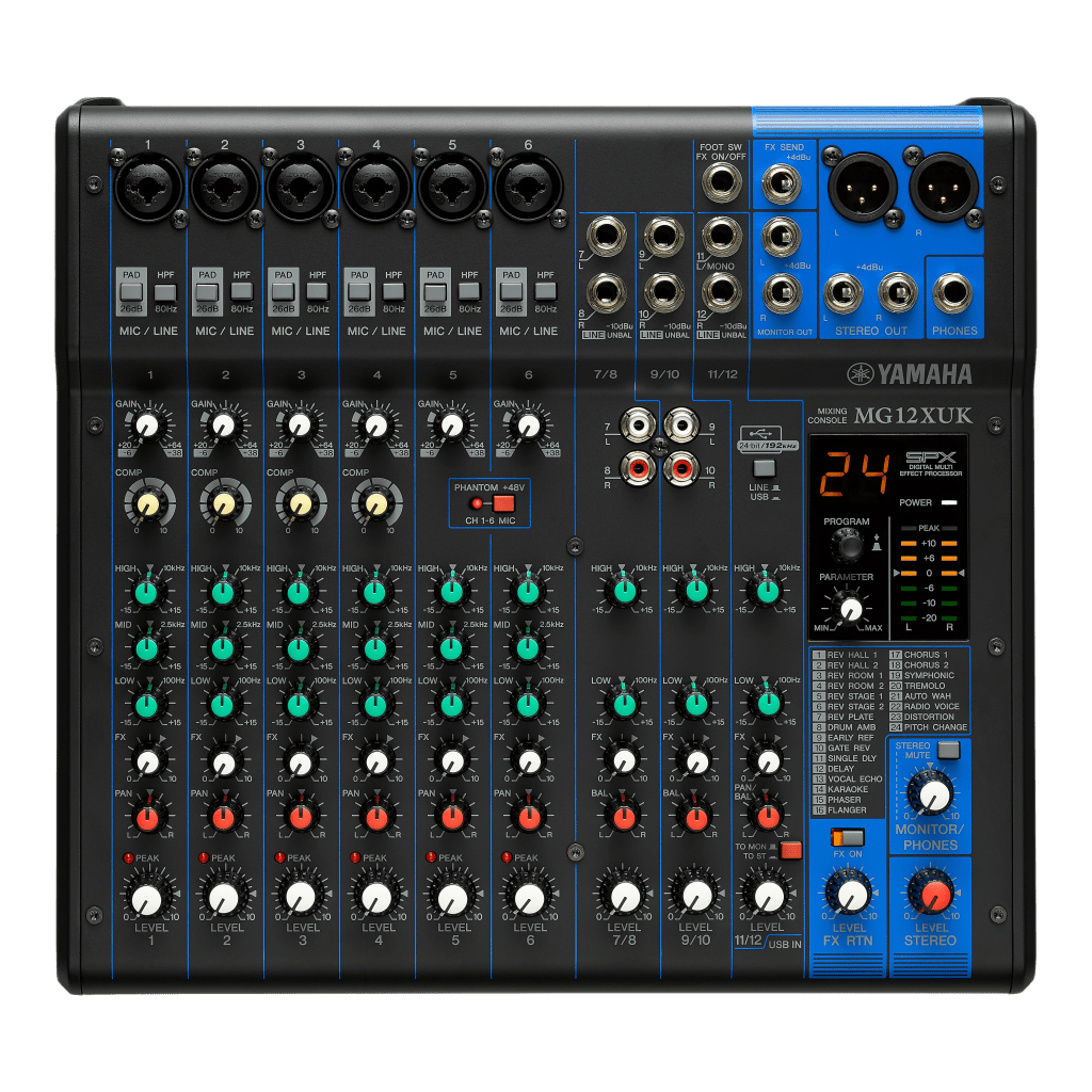 Mezcladora de Audio | 12 Canales | 6 Entradas de Micrófono/línea | 2 Entradas Estéreo | Efectos Integrados | Alimentación Phantom | USB | Con Perillas de Nivel