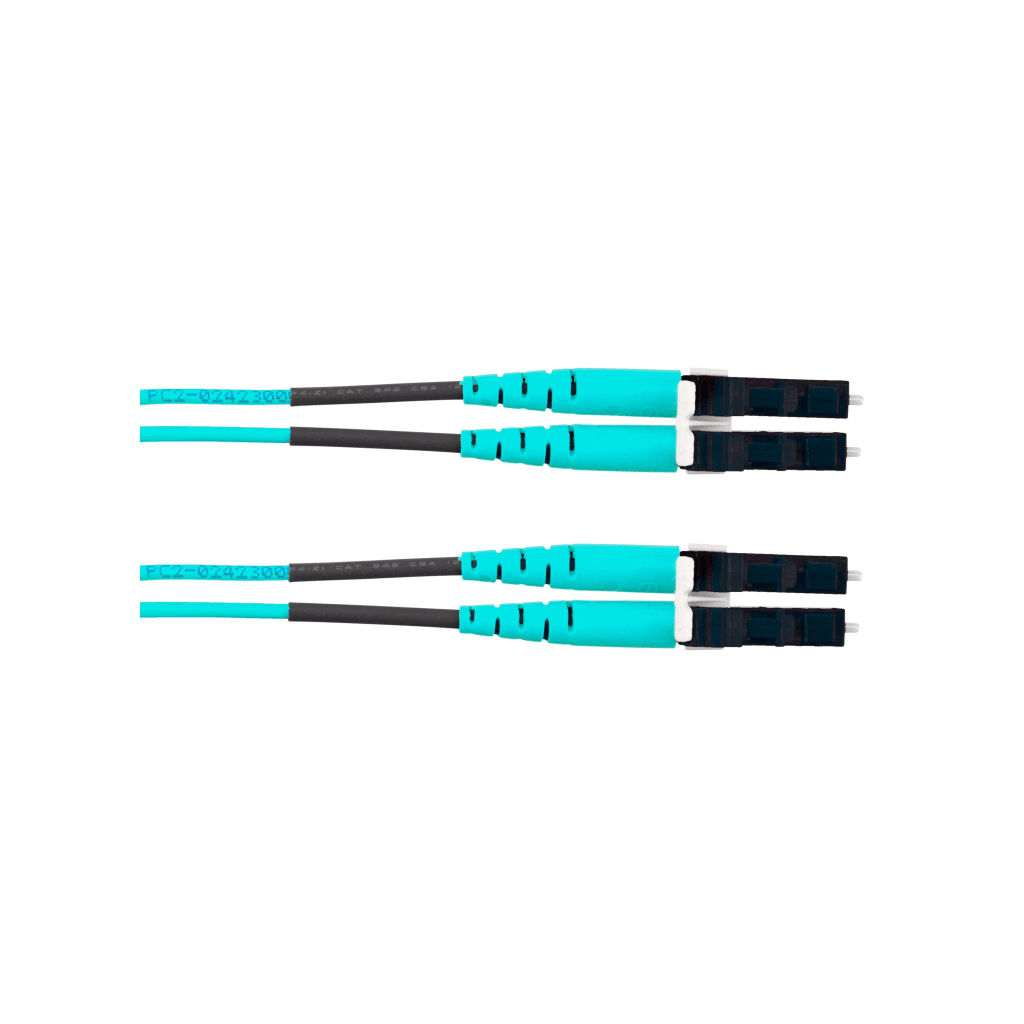 Jumper de Fibra Optica Multimodo 50/125 OM4, LC-LC Duplex, OFNR (Riser), Color Aqua, 2.44 Metros (8 Pies)