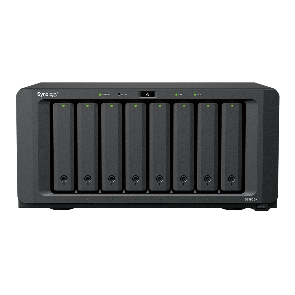 NAS DiskStation DS1825+ | 8 Bahías | AMD Ryzen V1500B | 8 GB DDR4 ECC | Hasta 2,239 MB/s Lectura | 2 Puertos 2.5GbE | Expansión PCIe 3.0 | Compatible con 10GbE y 25GbE | Caché SSD M.2 | Synology DSM.