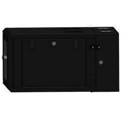 Gabinete Rackeable / 06 Unidades / Pared 19 Pulgadas / Puerta de Cristal / Pintura Electroestática Negro / Abatible 120° / Ventilación 120 mm