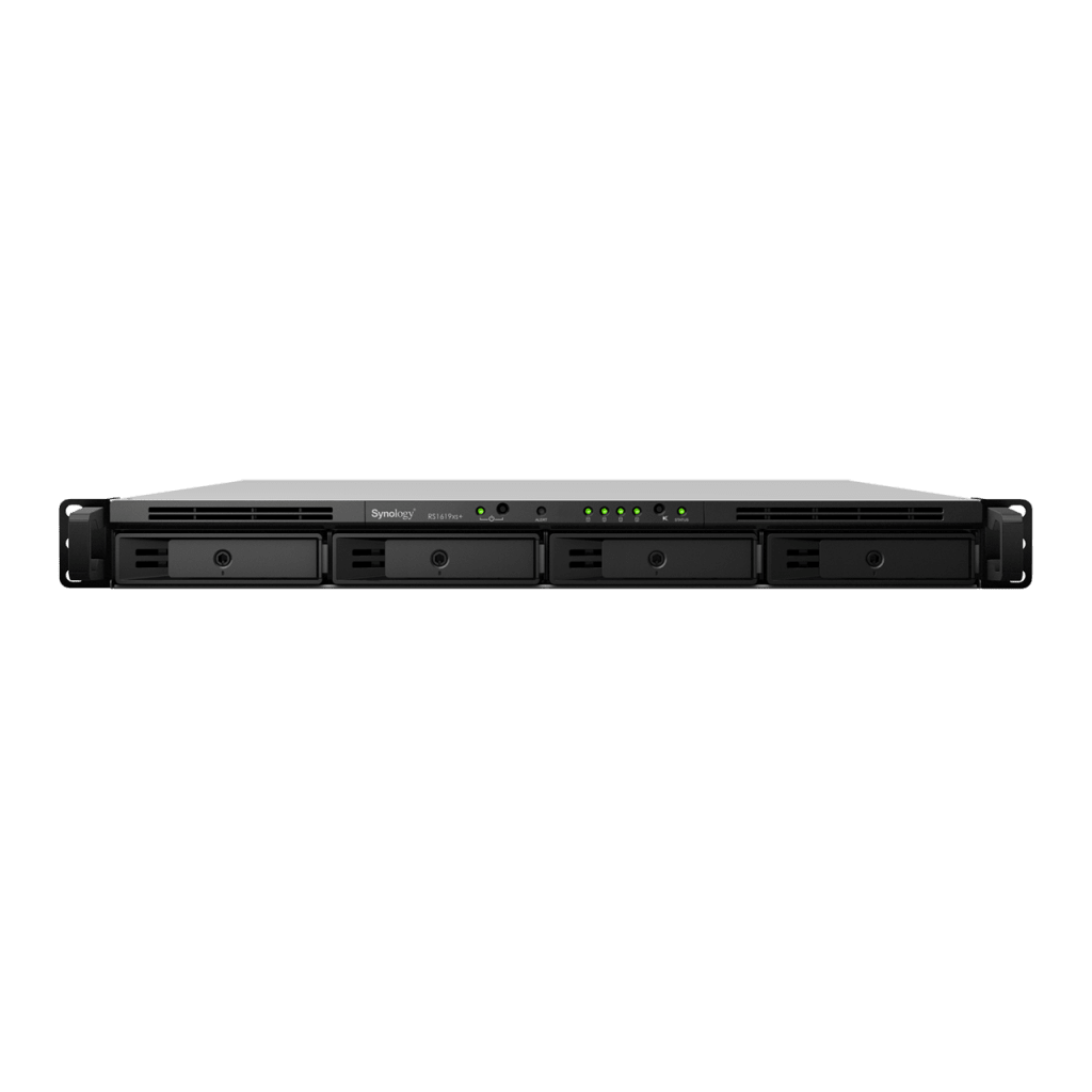 NAS RackStation RS1619xs+ | 4 Bahías | CPU Intel Xeon D-1527 Quad-Core | 8 GB DDR4 ECC (Ampliable a 64 GB) | 2 Ranuras M.2 NVMe/SATA | 4 Puertos LAN 1GbE | Soporte 10GbE Opcional | Escalable hasta 16 Bahías.