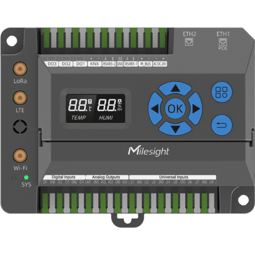 Gateway IoT LoRaWAN para Automatización de Edificios / Quad-Core 1.5 GHz / 8 Canales LoRaWAN / 2,000 Dispositivos / Edge Computing / 4G LTE / KNX + BACnet + Modbus / RS485 + M-Bus