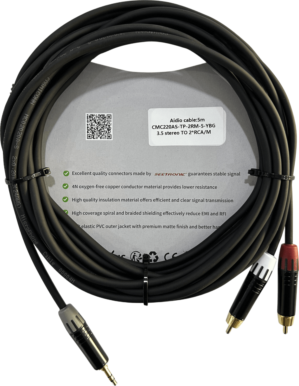 Cable 3.5mm a 2 RCA, conectores negros, con diferenciador de blanco y rojo en RCA MT380-RD - MT380-WH - MTP3C-BG, length 5m