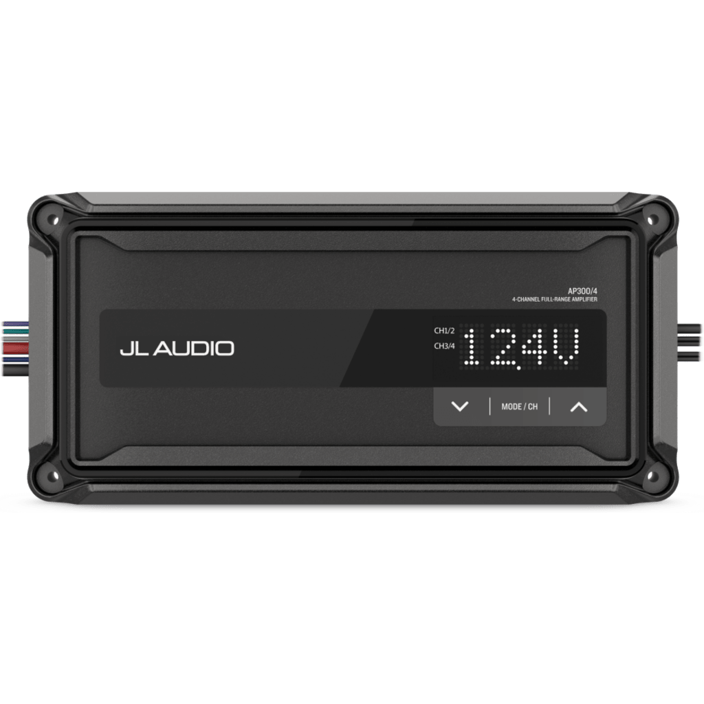 Amplificador Náutico Compacto / 4 Canales / Clase D / 150 W x 2 Puenteado / IP67 / 9-16 VDC / Filtros Paso Alto/Bajo / Refuerzo de Graves / JL Audio AP