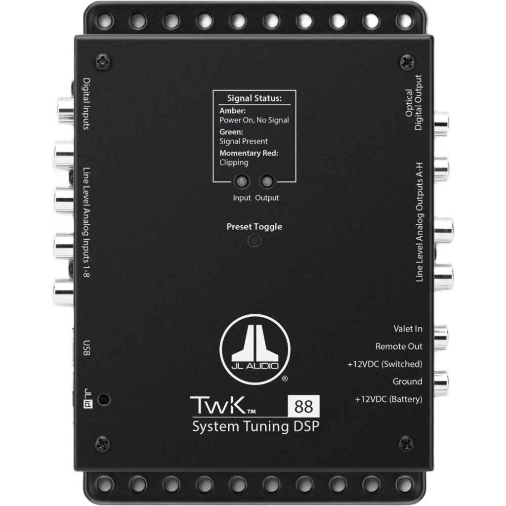 Procesador de Señal Digital (DSP) / 8 Canales de Entrada y 8 de Salida / Resolución 24 bit/48 kHz / Ajuste de Sistemas JL Audio TwK / Control de Nivel Remoto DRC-200 / Salida Óptica Toslink S/PDIF / Entrada Digital TwK-D8