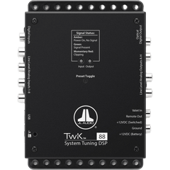 Procesador de Señal Digital (DSP) / 8 Canales de Entrada y 8 de Salida / Resolución 24 bit/48 kHz / Ajuste de Sistemas JL Audio TwK / Control de Nivel Remoto DRC-200 / Salida Óptica Toslink S/PDIF / Entrada Digital TwK-D8