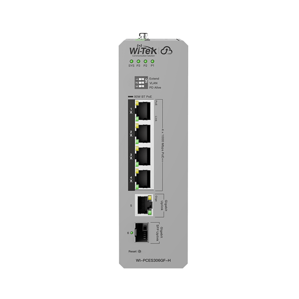 Switch Industrial PoE / 4 Puertos Gigabit PoE++ (802.3bt) / 1 Puerto Gigabit + 1 SFP / Alimentación DC 12-57V / Fanless / DIN-Rail / -30°C a 65°C / 55W-300W Budget PoE