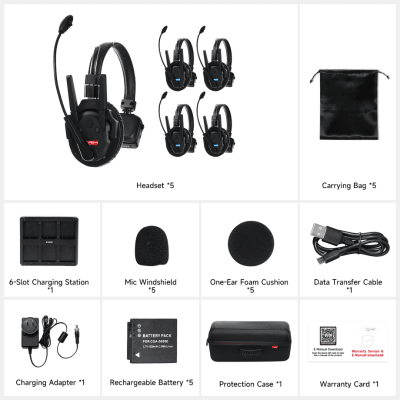 Kit de 5 Intercomunicador Inalámbrico TXtalk Pro / Antenas Externas / Rango 500m / Hasta 13 Unidades Conectadas / Auricular Monoaural / Batería 1050mAh / ABS Ligero y Cuero Suave