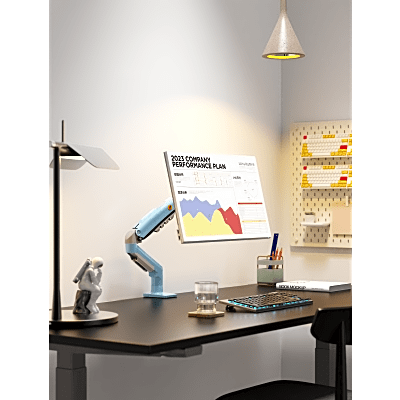Brazo Ajustable para Monitor Ergonómico / Compatible con Monitores de 17" - 30" / Capacidad de Peso hasta 9 kg / Rotación 360° / Inclinación +85° a  -30° / Giro 180° / Ajuste de Resorte de Gas / Color Azul