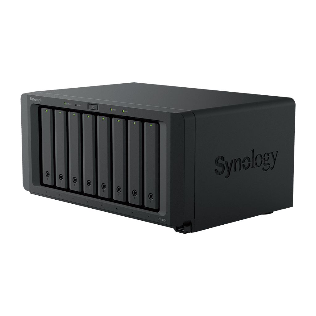 NAS DiskStation DS1825+ | 8 Bahías | AMD Ryzen V1500B | 8 GB DDR4 ECC | Hasta 2,239 MB/s Lectura | 2 Puertos 2.5GbE | Expansión PCIe 3.0 | Compatible con 10GbE y 25GbE | Caché SSD M.2 | Synology DSM.