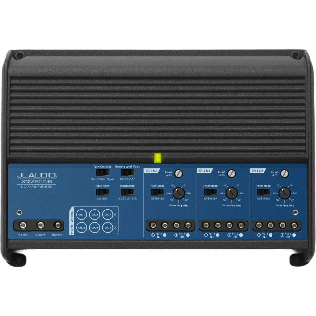Amplificador Náutico y para Automóvil de Rango Completo / 6 Canales / 600 W / Clase D / 75 W x 6 a 4 &Omega; / 100 W x 6 a 2 &Omega; / 200 W x 3 Puenteado / Filtros Paso Alto y Bajo 50 Hz-500 Hz / JL Audio XDM600/6