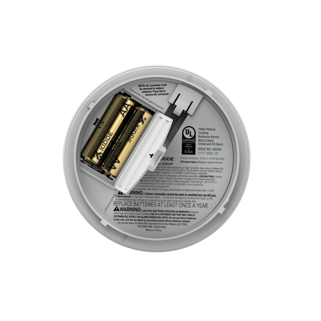 Detector de humo fotoeléctrico alámbrico 120 V CA con respaldo de baterías AA, interconexión hasta 24 dispositivos, pieza