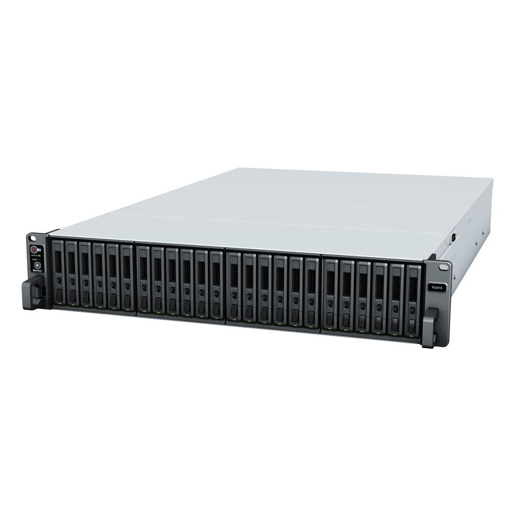 Servidor de Almacenamiento FlashStation FS3410 | 24 Bahías SSD SATA 2.5" | Intel Xeon D-1541 8 Núcleos | 16 GB RAM (Ampliable a 128 GB) | 356,500 IOPS Lectura | 129,400 IOPS Escritura | 4 Puertos 1GbE + 2 Puertos 10GbE