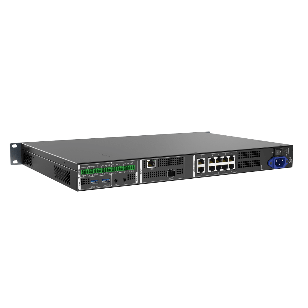 Procesador AVoIP de Doble Flujo / Transmisión Primaria InstSight y Secundaria H.264/H.265 / Decodificación Distribuida / Gestión Centralizada / Sincronización Nanosegundos / 10 Puertos Gigabit / 6.5 Millones de Píxeles /