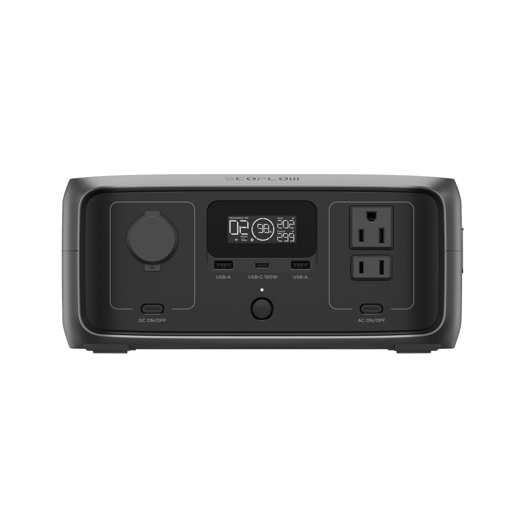 EcoFlow River 3 | Estación de Energía Portátil 245Wh Litio LFP / 2 AC 300 W (Max. 550W) / 1 USB-C 100W / 2 USB -A 12W / Cargador de Coche 8A a 12 o 24V / Conectividad WiFi y Bluetooth (App) / Carga Solar 110W Max.