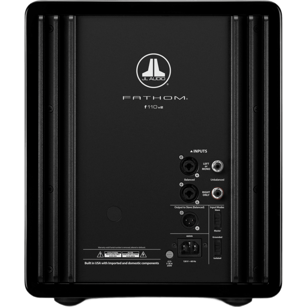 Subwoofer Fathom v2 con Amplificador Integrado / 10″ / 1100 W Short Term / 27-111 Hz (±1.5 dB) / Carcasa Sellada / Negro Brillante / D.A.R.O. / RCA y XLR / Rejillas Incluidas