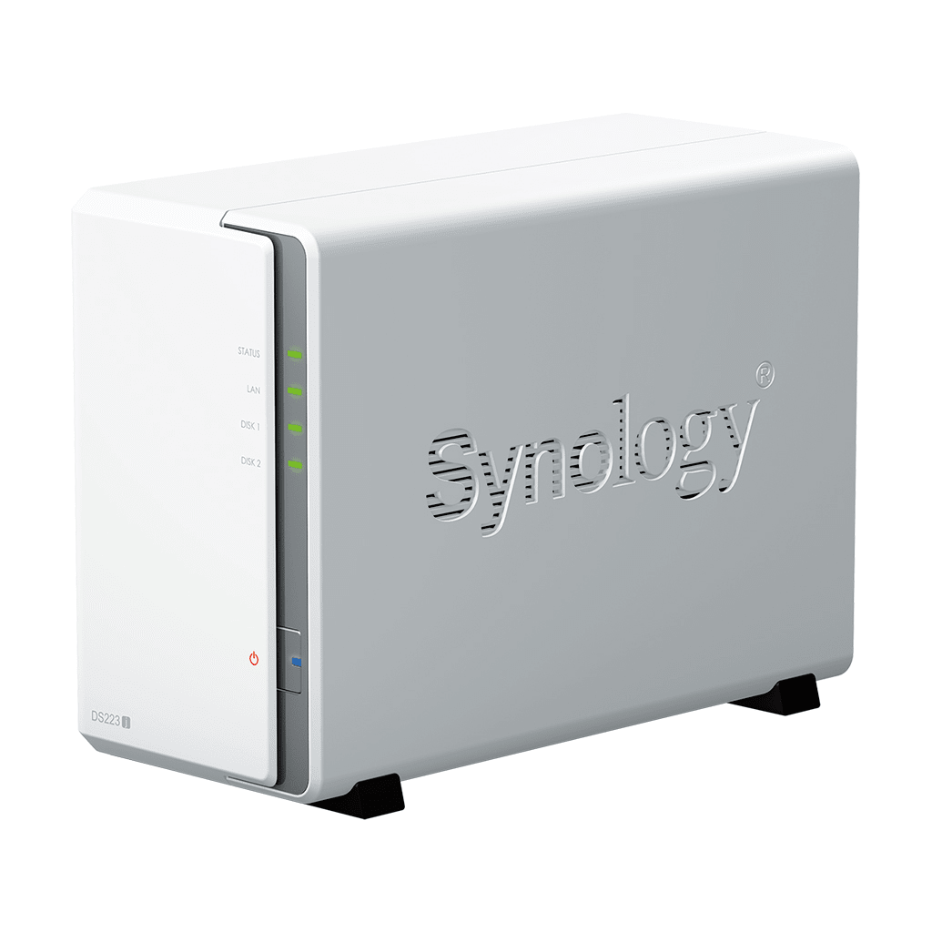 NAS DiskStation DS223j | 2 Bahías | CPU Realtek RTD1619B 1.7 GHz | 1 GB DDR4 | Puerto 1GbE RJ-45 | USB 3.2 Gen 1 | Compatible con HDD y SSD | Synology DSM | RAID 0, 1, JBOD | SMB, AFP, NFS, FTP | Vigilancia IP