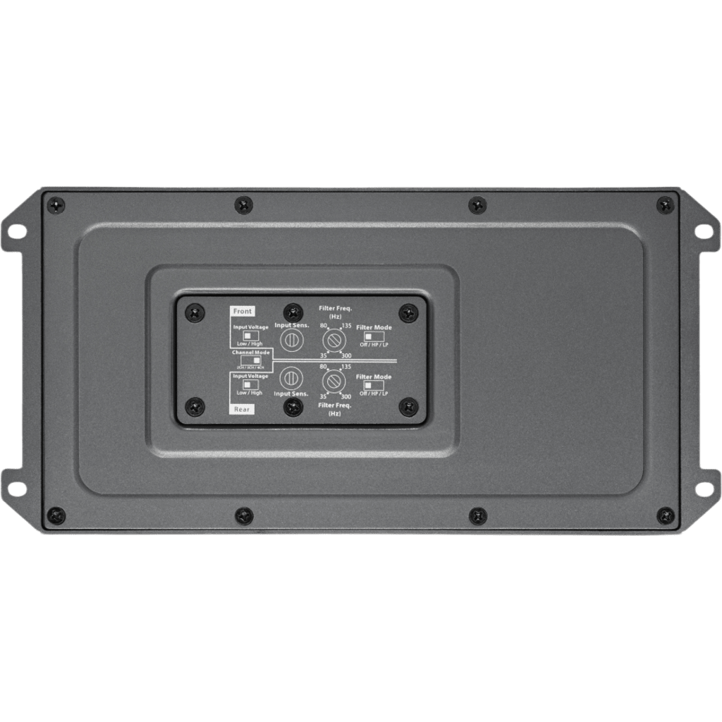 Amplificador Náutico y para Deportes de Motor / 4 Canales / 500 W RMS / Clase D / IPX7 / Filtros Paso Bajo y Paso Alto / Potenciómetros Calibrados con Bloqueo