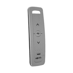 Control remoto 5 canales para motores de persiana Somfy con señal inalámbrica, instrucciones: sube, baja y detener, con posición favorita programada.