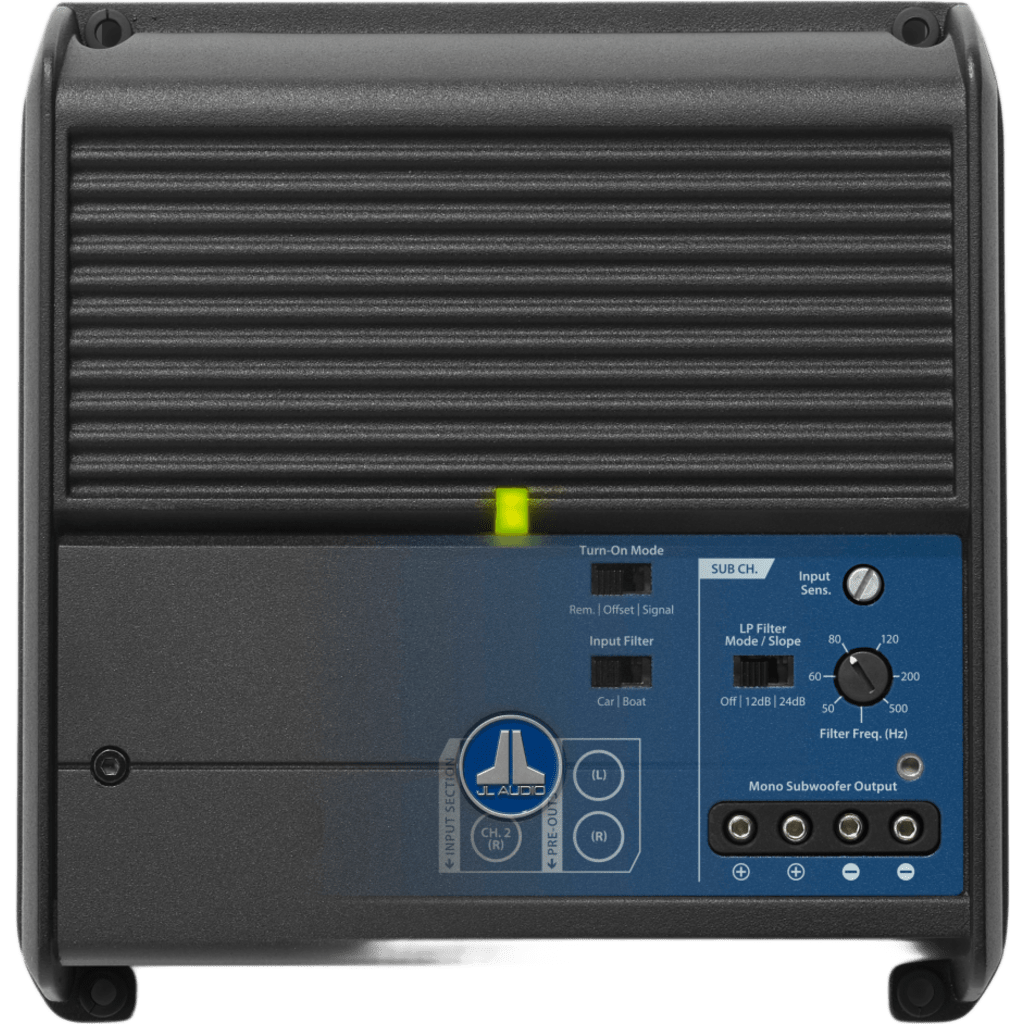 Amplificador de Subwoofer Náutico y para Automóvil Monobloque / 300 W RMS a 2 &Omega; / 200 W RMS a 4 &Omega; / Clase D / Respuesta de Frecuencia 10 Hz-1 kHz / Filtro Paso Bajo 50-500 Hz / Relación Señal/Ruido >100 dB / Fusi