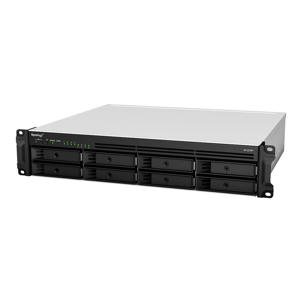 Servidor de Almacenamiento en Red Synology RackStation RS1221RP+ | 8 Bahías | Expandible a 12 Bahías | CPU AMD Ryzen V1500B | 4 GB DDR4 ECC | RAID Soportado | 10/25GbE | Virtualización Certificada | Protección de Datos Integral