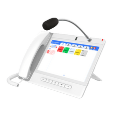 Teléfono IP Color Blanco Android 9.0 Empresarial para voceo 20 líneas SIP, pantalla táctil, Wi-Fi y Bluetooth, PoE, Voceo/ Musica por Multicast, puertos Gigabit, Sofware de Enfermeria