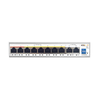 Switch PoE / Administración en la nube / Con 8 puertos 10/100 Mbsp PoE af/at / 2 Puertos Uplink 10/100/1000 Mbps /  Presupuesto 100 W / PoE hasta 250 metros / Soporta protocolo ONVIF