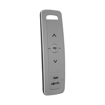 Control remoto 5 canales para motores de persiana Somfy con señal inalámbrica, instrucciones: sube, baja y detener, con posición favorita programada.
