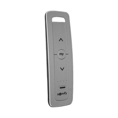 Control remoto 5 canales para motores de persiana Somfy con señal inalámbrica, instrucciones: sube, baja y detener, con posición favorita programada.