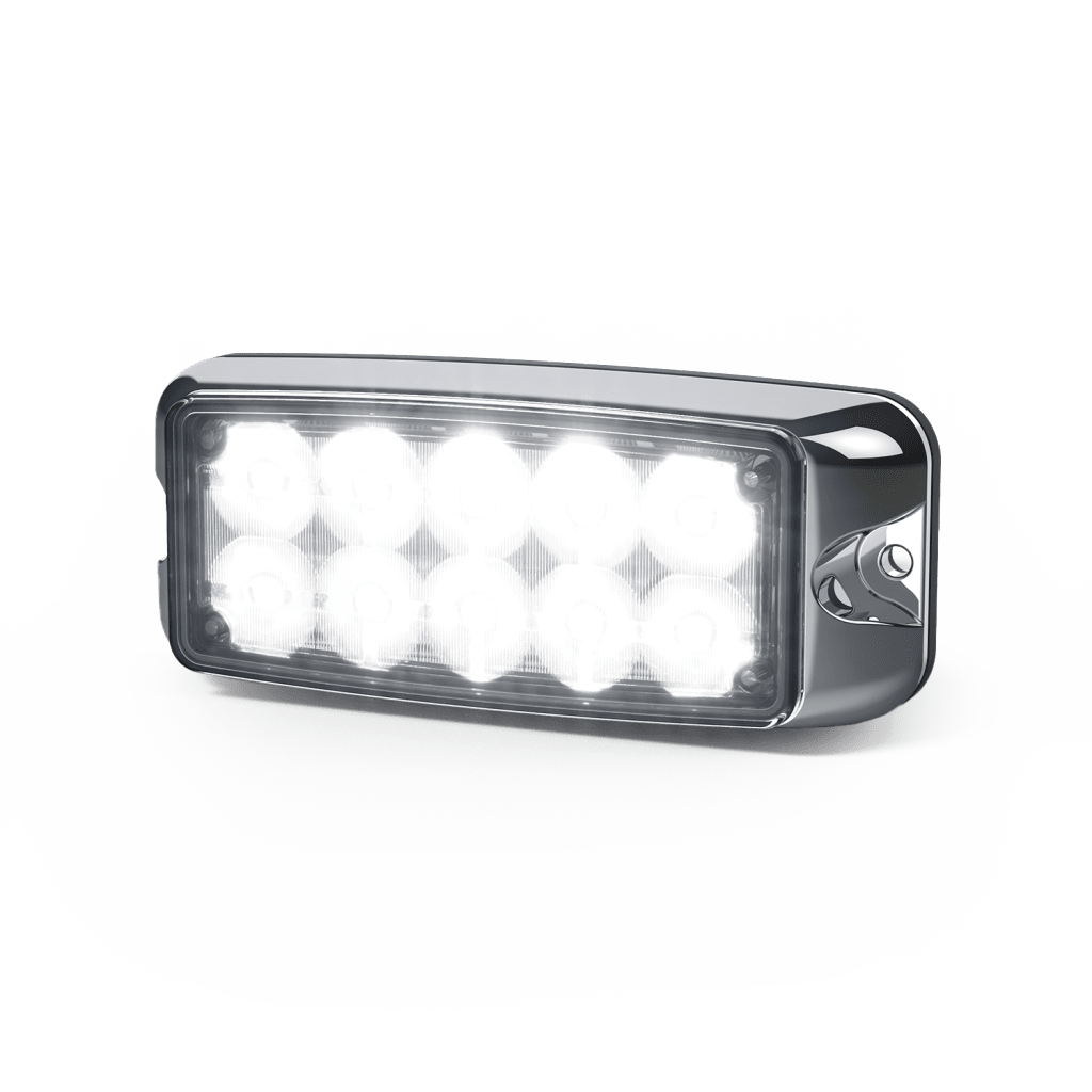 Luz de Advertencia de 10 LED, Ambar/Blanco, 5x2 Pulgadas, Lente Transparente, Bisel Cromado