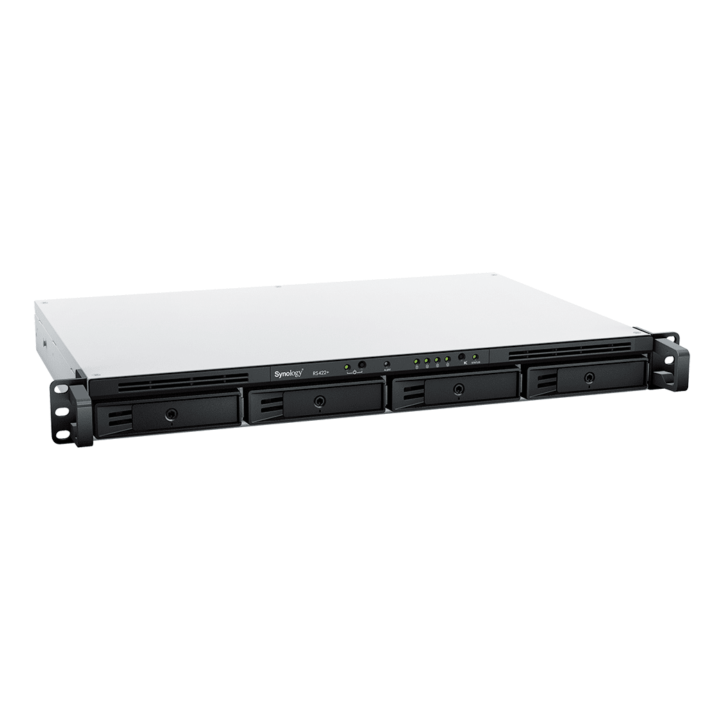 NAS RackStation RS822+ | 4 Bahías | 1U | AMD Ryzen V1500B | 32 GB DDR4 ECC | 4 Puertos 1GbE | Expansión PCIe | Compatible con SSD NVMe | Sistema Operativo Synology DSM.