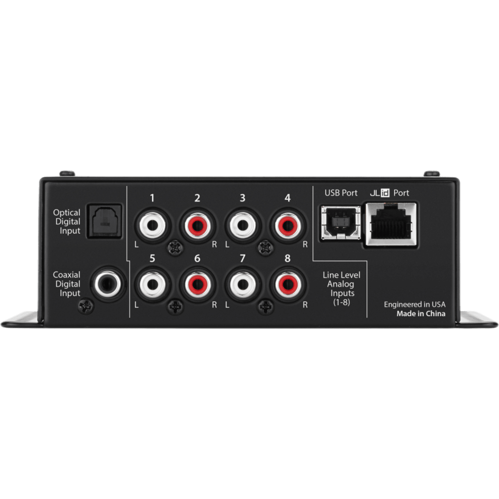 Procesador de Señal Digital (DSP) / 8 Canales de Entrada y 8 de Salida / Resolución 24 bit/48 kHz / Ajuste de Sistemas JL Audio TwK / Control de Nivel Remoto DRC-200 / Salida Óptica Toslink S/PDIF / Entrada Digital TwK-D8