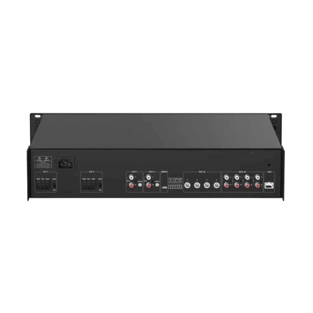 Amplificador de audio | 2 zonas de 250W  | 100V/70V | Calendarización de eventos | Biblioteca de Materiales de Audio | Entrada de Alarma | Hik-connect /Hikcentral profesional