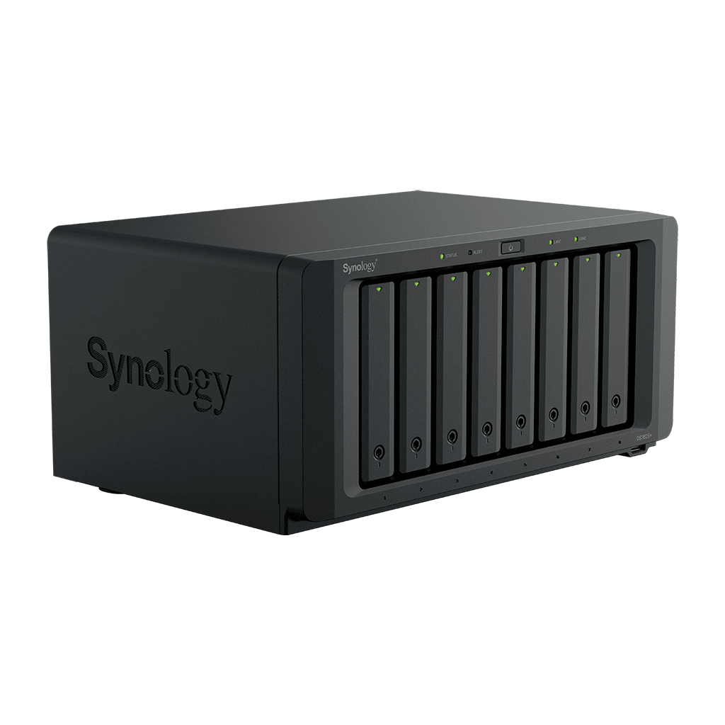 NAS DiskStation DS1825+ | 8 Bahías | AMD Ryzen V1500B | 8 GB DDR4 ECC | Hasta 2,239 MB/s Lectura | 2 Puertos 2.5GbE | Expansión PCIe 3.0 | Compatible con 10GbE y 25GbE | Caché SSD M.2 | Synology DSM.