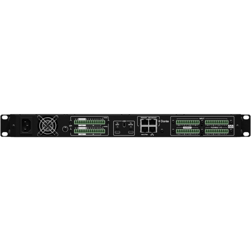 Procesador de Señal Digital | 8 Entradas y 4 Salidas Analógicas | 4 Canales I/O Flexibles | Dante 64x64 Canales | USB 2 x2 | DSP