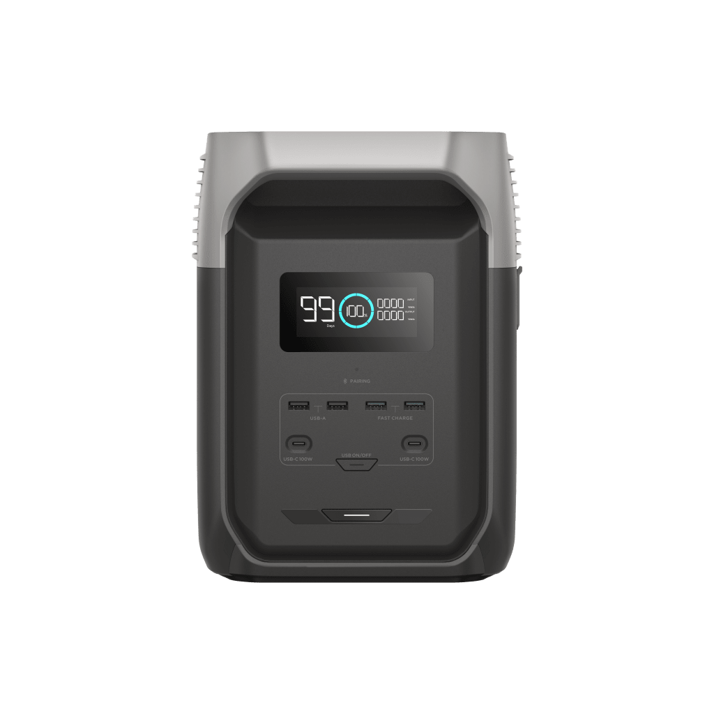Estación de Energía Portátil Delta 3 1536Wh Litio LFP / 6 AC 1800 W (Max. 3600W) / 2 USB-C 100W / Capacidad para Aumentar Respaldo / Cargador de Coche 10A a 12.6V / Conectividad WiFi y Bluetooth (App) / Carga Solar 500W Max.