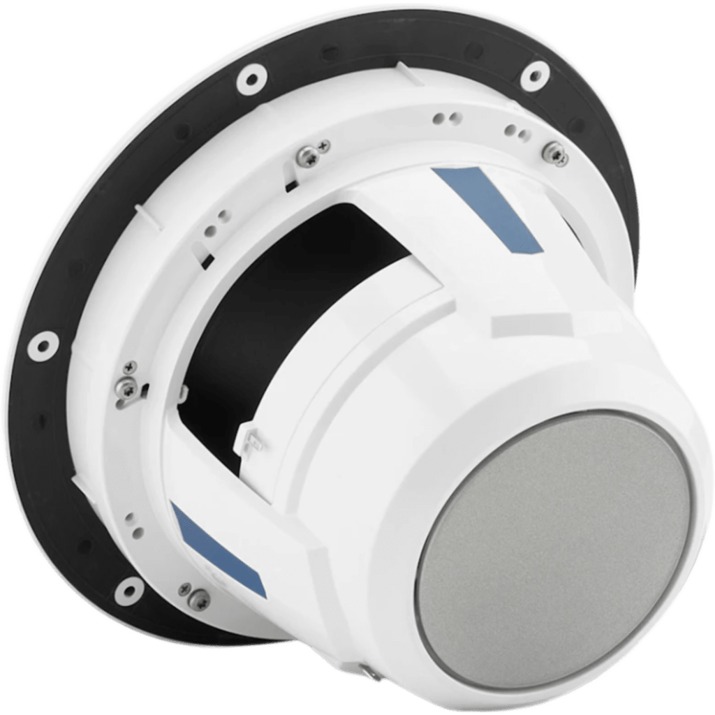 Subwoofer Náutico 8" (203.2 mm) / Rejilla Luxe Blanca / Deflector Infinito o Caja Cerrada / Potencia Continua 200 W RMS / Impedancia Nominal 4 &Omega; / Sensibilidad 86.8 dB SPL 1 W/1 m / Cono de Polipropileno Relleno de Mica / Conectores de P
