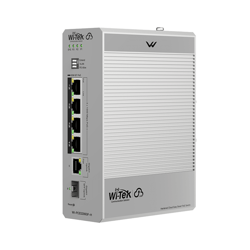 Switch Industrial PoE / 4 Puertos Gigabit PoE++ (802.3bt) / 1 Puerto Gigabit + 1 SFP / Alimentación DC 12-57V / Fanless / DIN-Rail / -30°C a 65°C / 55W-300W Budget PoE