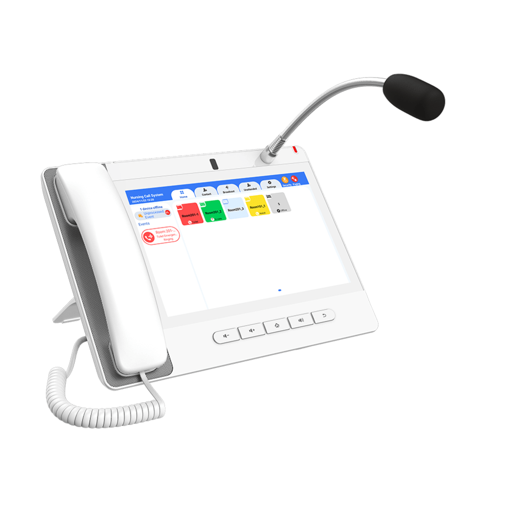 Teléfono IP Color Blanco Android 9.0 Empresarial para voceo 20 líneas SIP, pantalla táctil, Wi-Fi y Bluetooth, PoE, Voceo/ Musica por Multicast, puertos Gigabit, Sofware de Enfermeria