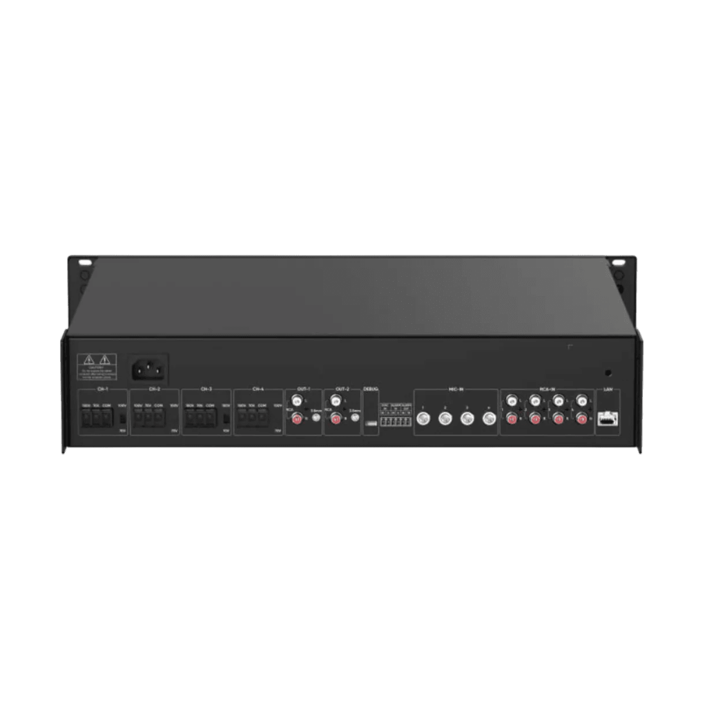 Amplificador de Red |  4 Zonas de 250W | 100V/70v | Calendarización de eventos | Biblioteca de Materiales de Audio | Entrada de Alarma | Hik-Connect /Hikcentral profesional