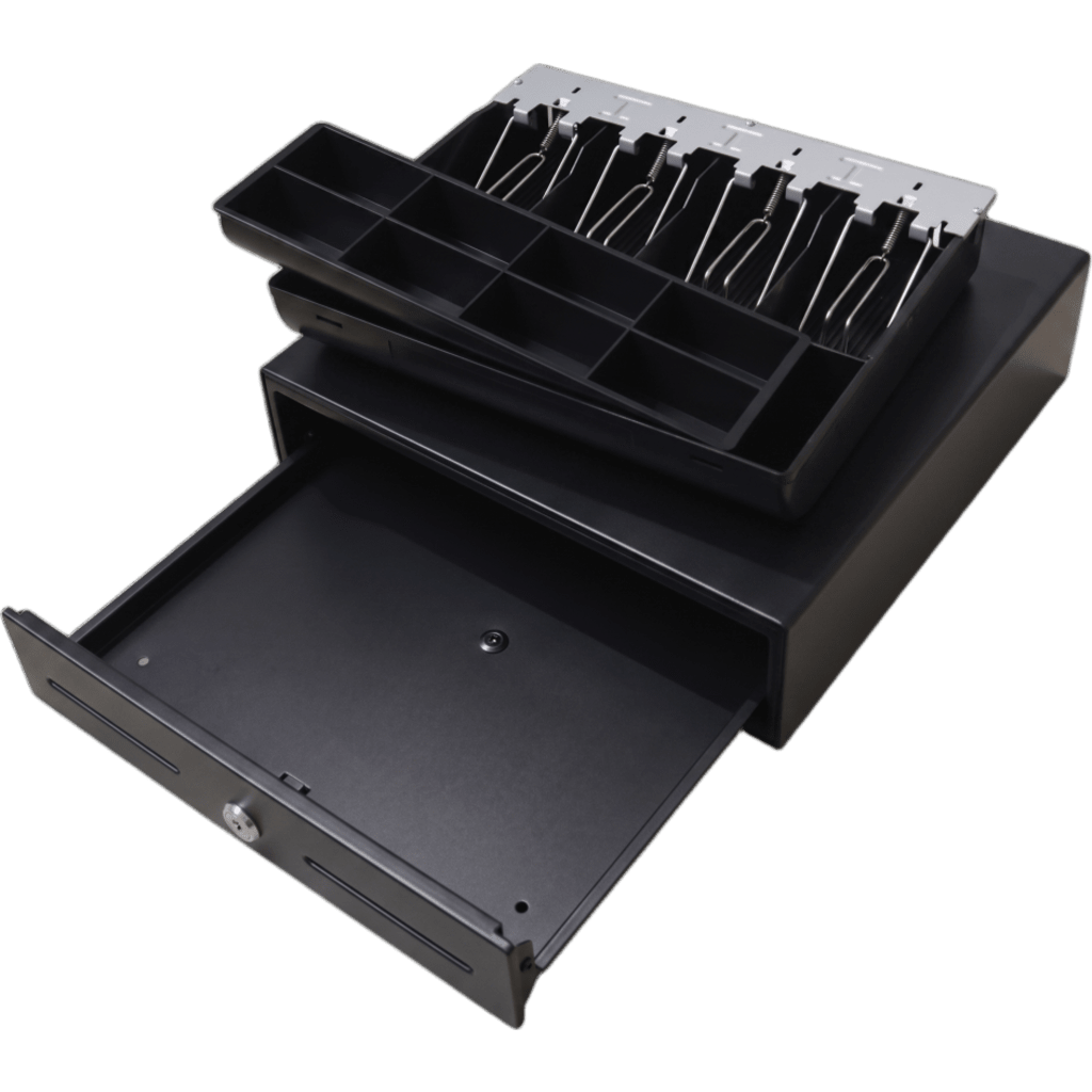 Cajón para Efectivo / Serie MK / Compacto 330 mm / 4 Billetes + 8 Monedas / Apertura RJ12 / Clips Metálicos / Punto de Venta