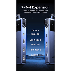 Hub USB-C 7 en 1 / USB-C a HDMI 4K 60Hz / 2x USB-A 3.0 + USB-C 3.0 + USB-A 2.0 / Gigabit Ethernet / PD 100W / Cable 20 cm (7.9 in)