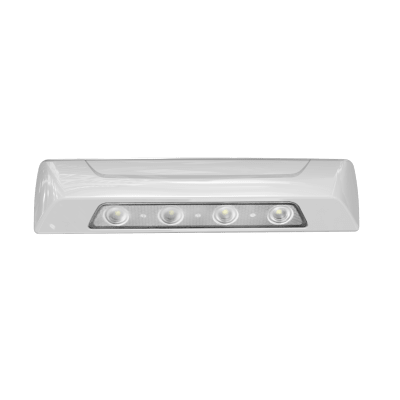 Luz de escena, 4 LED, bisel blanco, 12–24VCD, LED blanco y lente transparente