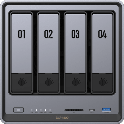 NASync DXP4800 | SO UGOS Pro |  Intel N100 12th Gen Intel® Quad Core™ | 4-Bahias (SATA) hasta 96TB | 2* M.2 SSD hasta 16TB| 8GB DDR5 (Exp. a 16GB) | 2.5Gb Dual Ethernet | HDMI 4K | 2* USB2.0 | 1*USB 3.2Gen | 1* USB 3.2Gen2 | 1*USB-C 3.2Gen2 | SD