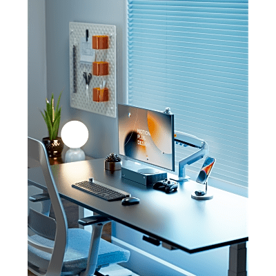Brazo Ajustable para Monitor Ergonómico / Compatible con Monitores de 17" - 30" / Capacidad de Peso hasta 9 kg / Rotación 360° / Inclinación +85° a  -30° / Giro 180° / Ajuste de Resorte de Gas / Color Azul