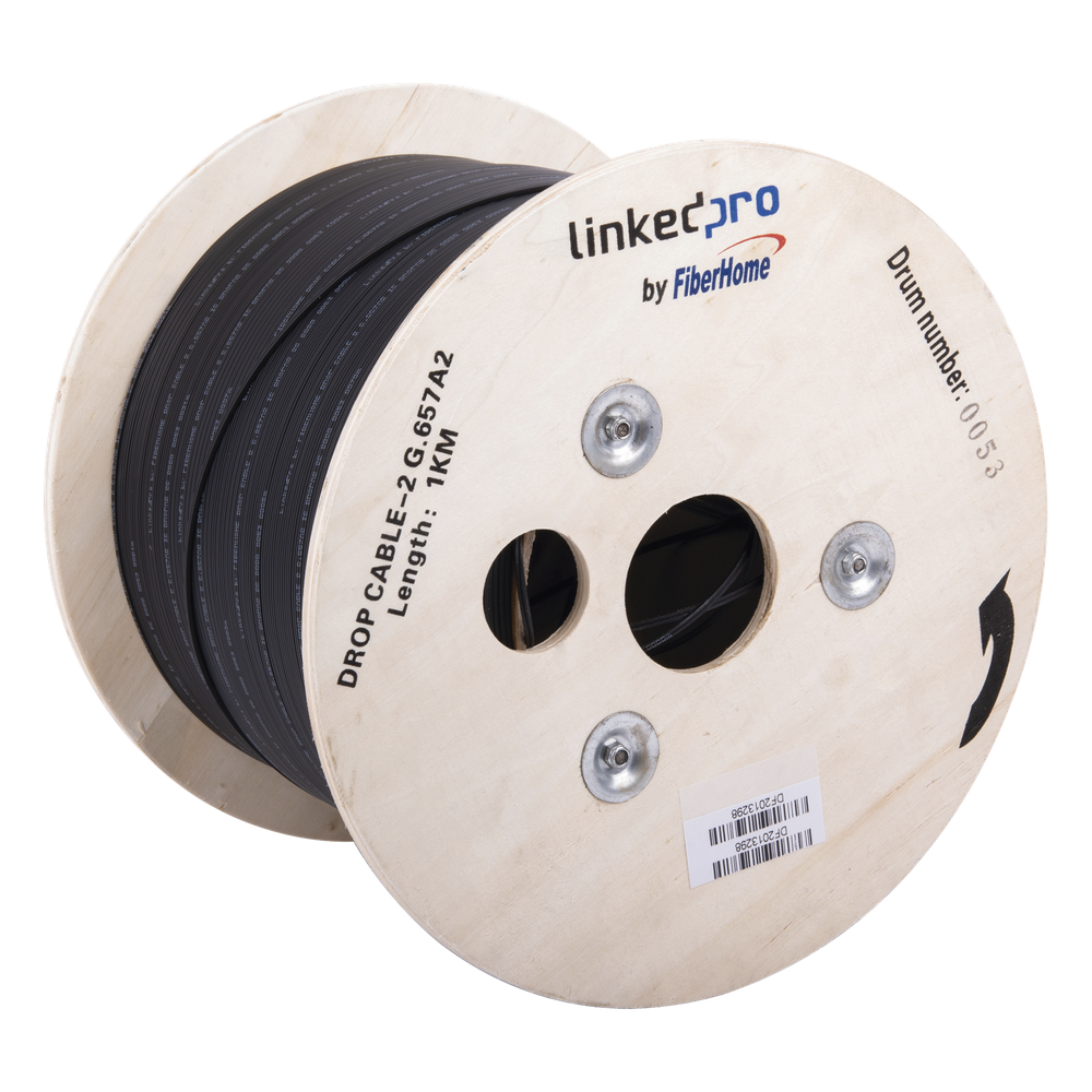 Carrete de 1 km de Fibra Óptica Drop, Interior/Exterior G.657A2 Monomodo de 2 Hilos (Bifibra), Diseñada para Fusionarse, Dieléctrica, Forro Negro, (No Soporta Conectores Mecánicos)