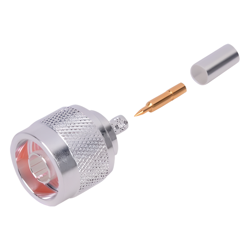 Conector Coaxial N Macho de Anillo Plegable para Cable RG-142/U, Plata/ Oro/ Teflón.