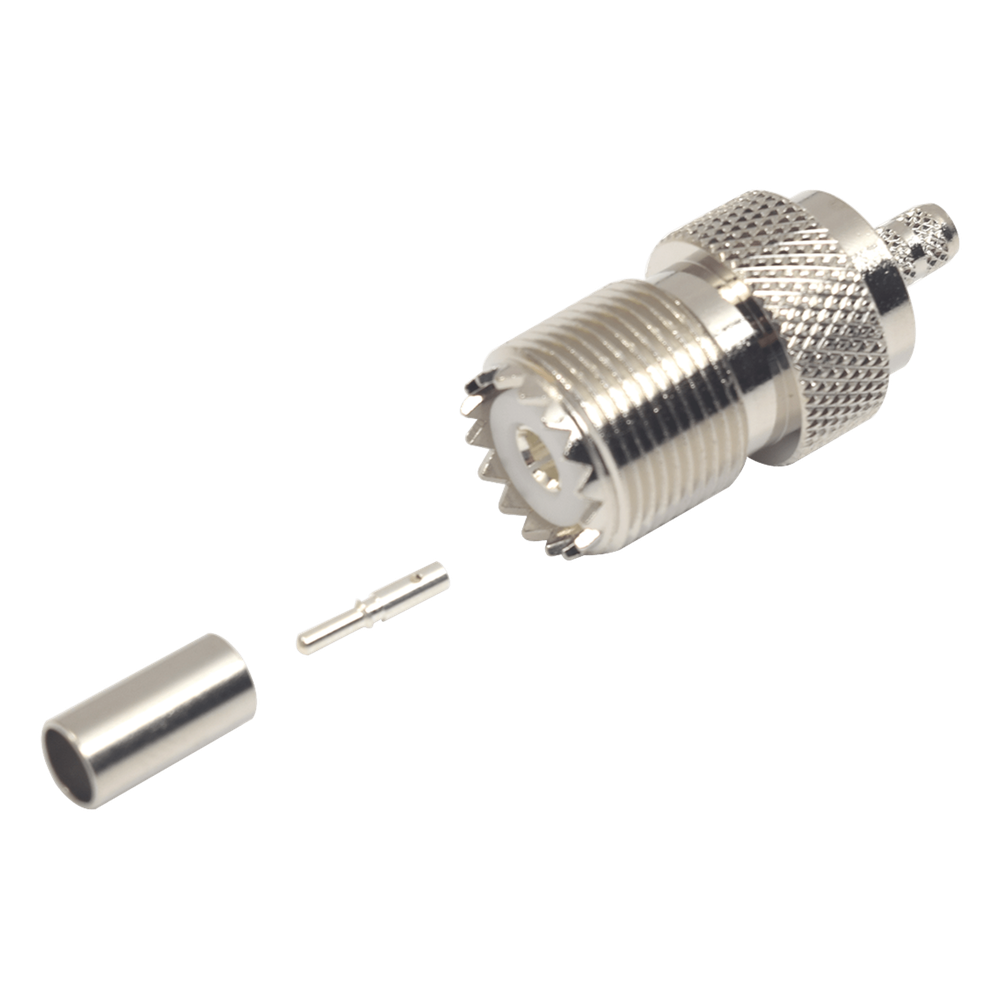 Conector UHF Hembra (SO-239) en Línea, de Anillo Plegable para Cable RG-58/U, RG-142/U, Níquel/ Plata/ Delrin.
