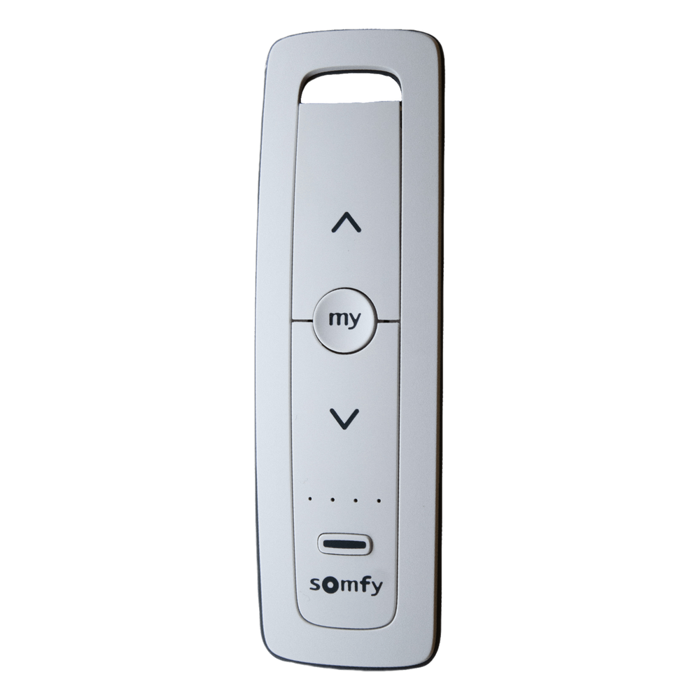 Control remoto 5 canales para motores de persiana Somfy con señal inalámbrica, instrucciones: sube, baja y detener, con posición favorita programada.
